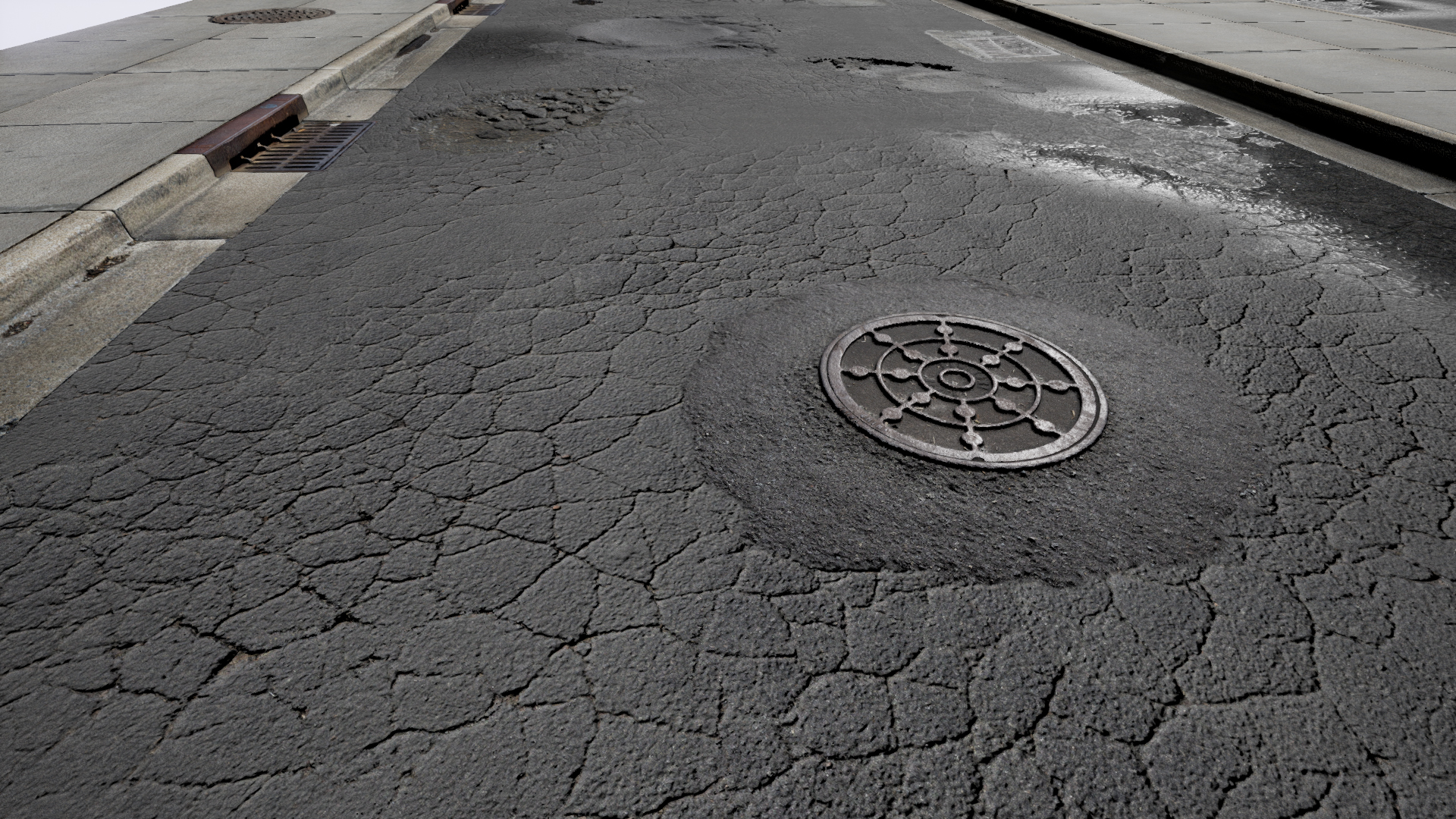 Photo Asphalt Set 虚幻4 UE4 阿尔法 地面 积水 裂痕 绘制 材质插图3