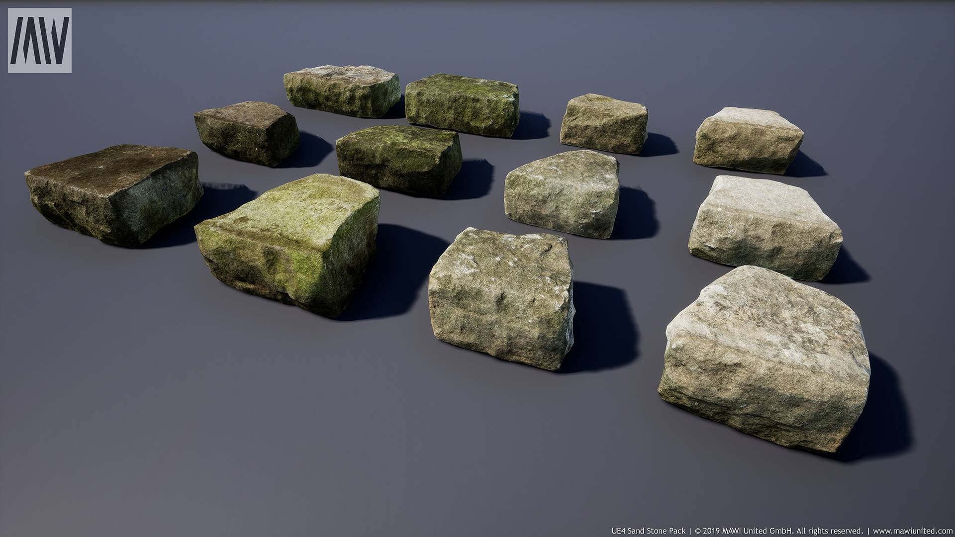 4K青苔石头石块方石游戏模型关卡道具 虚幻4 ue4 Sand Stone Pack