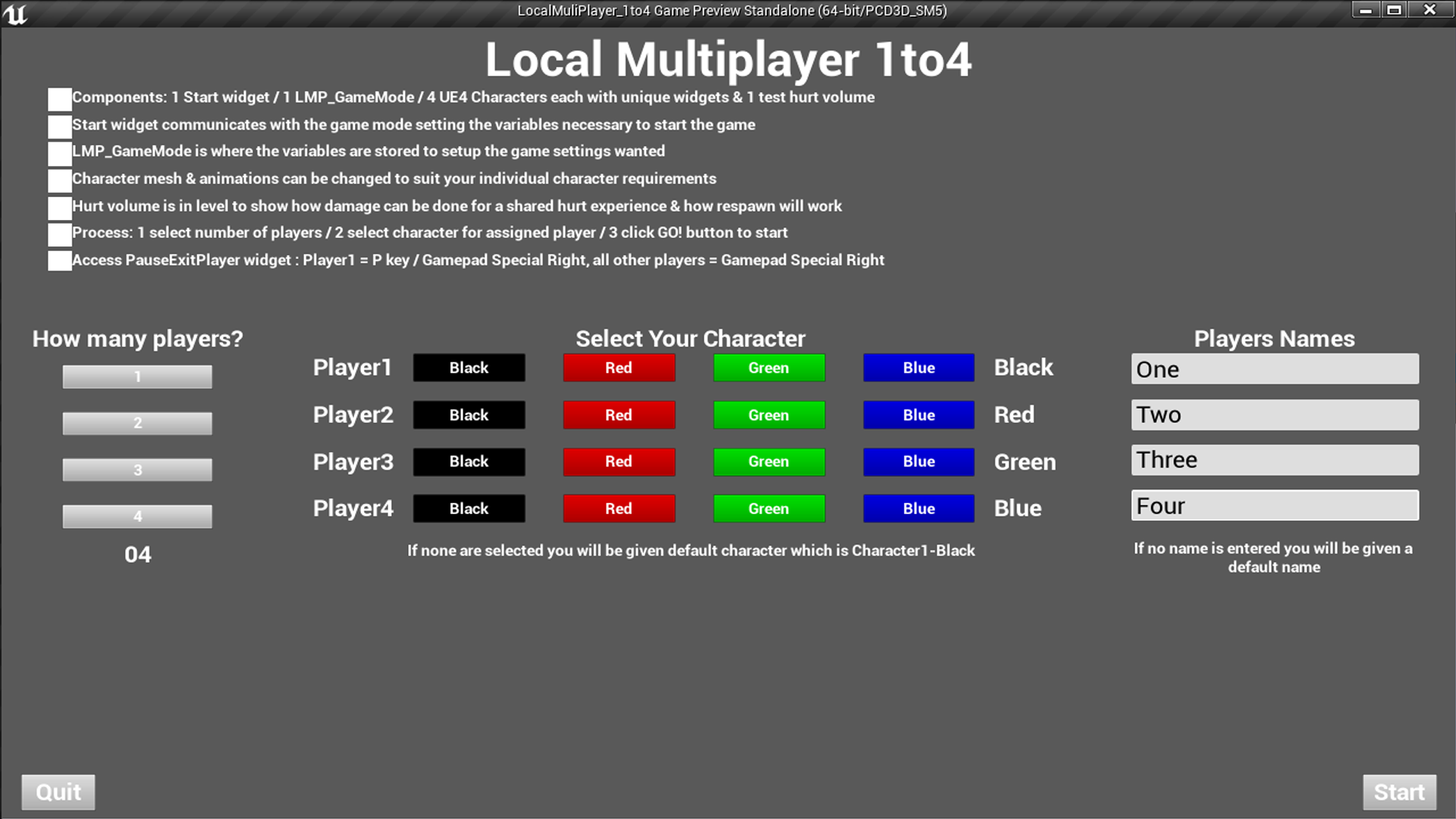 本地 多人 游戏 蓝图 模板 虚幻4 UE4 Local MultiPlay 1to4