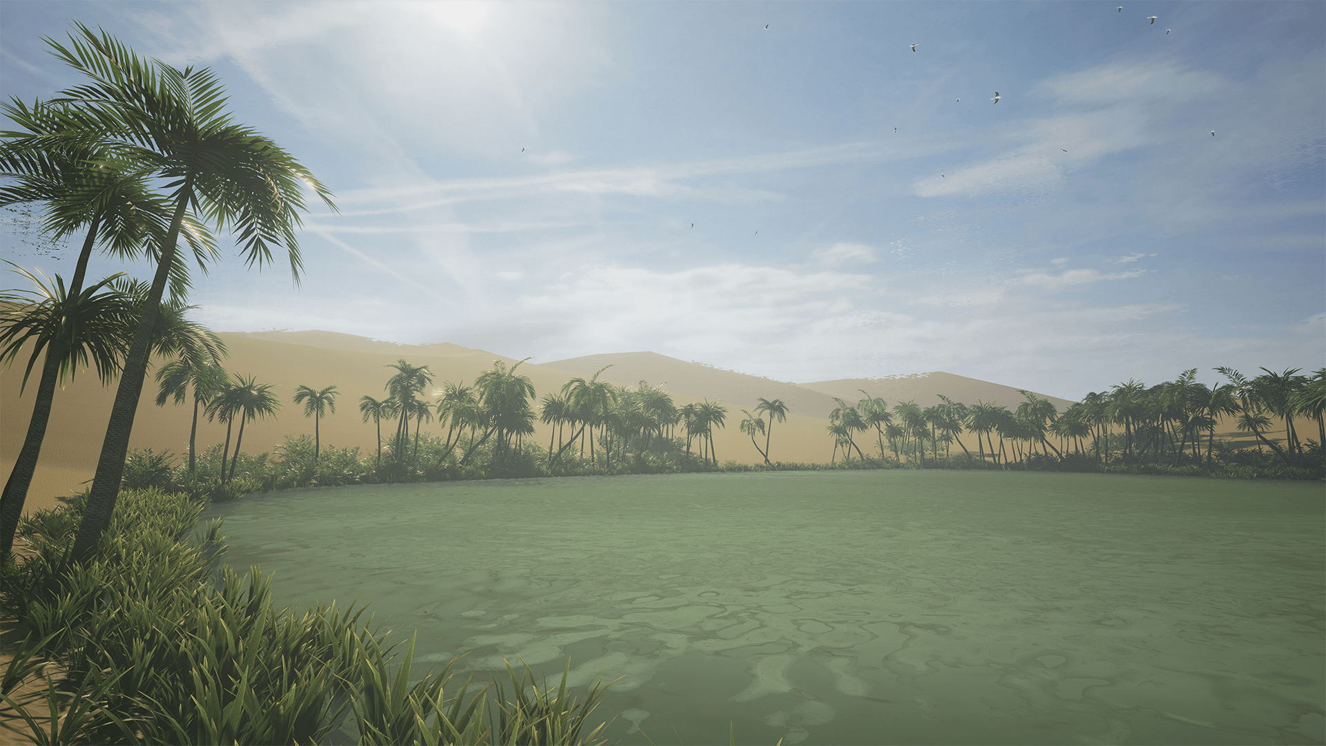 Desert Oasis 虚幻4 UE4 沙漠 绿洲 椰子树 太阳 蕨类 场景插图1