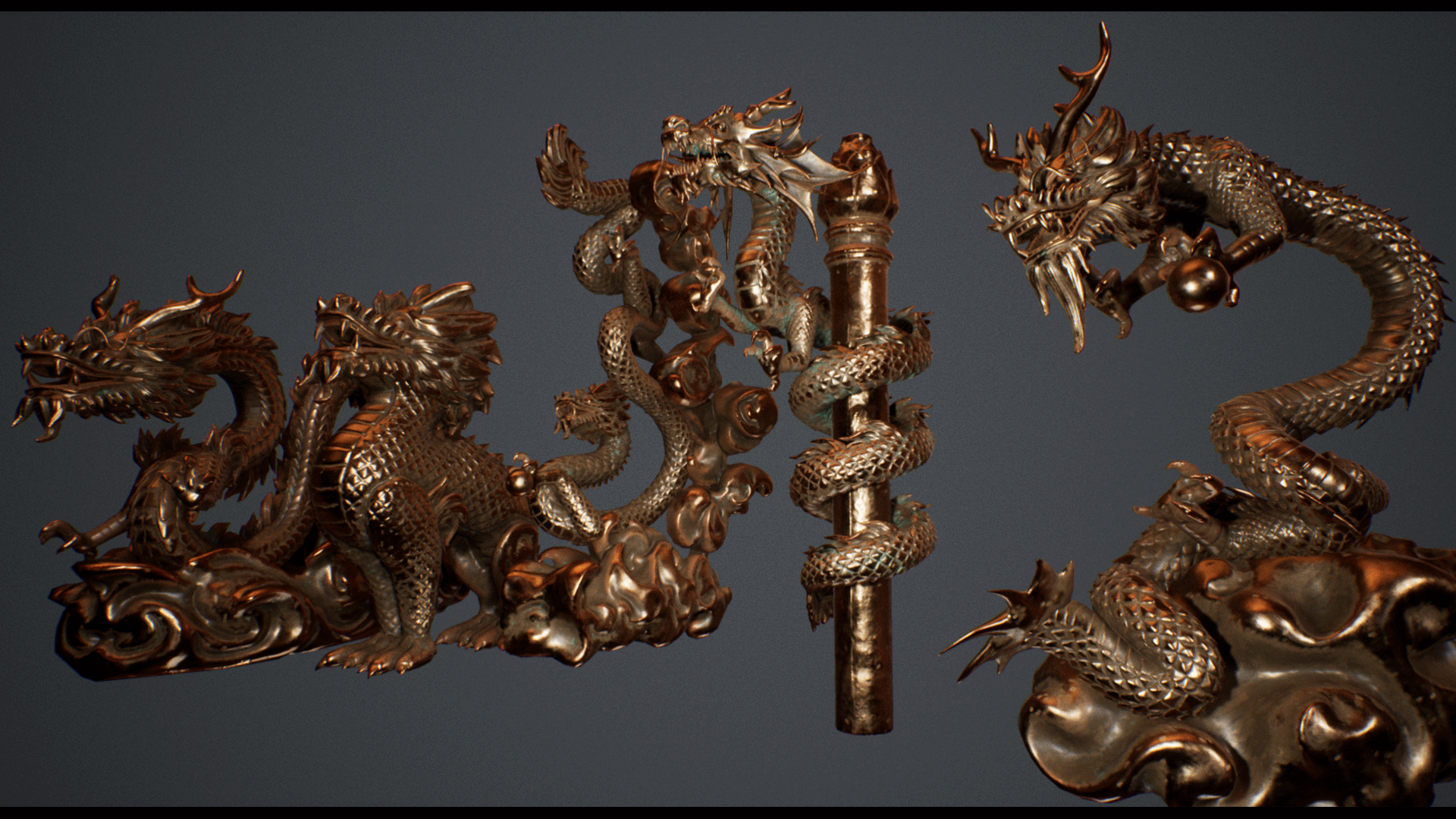 Chinese Dragon Statues 虚幻4 UE4 国风 龙柱 盘龙 麒麟 素材包