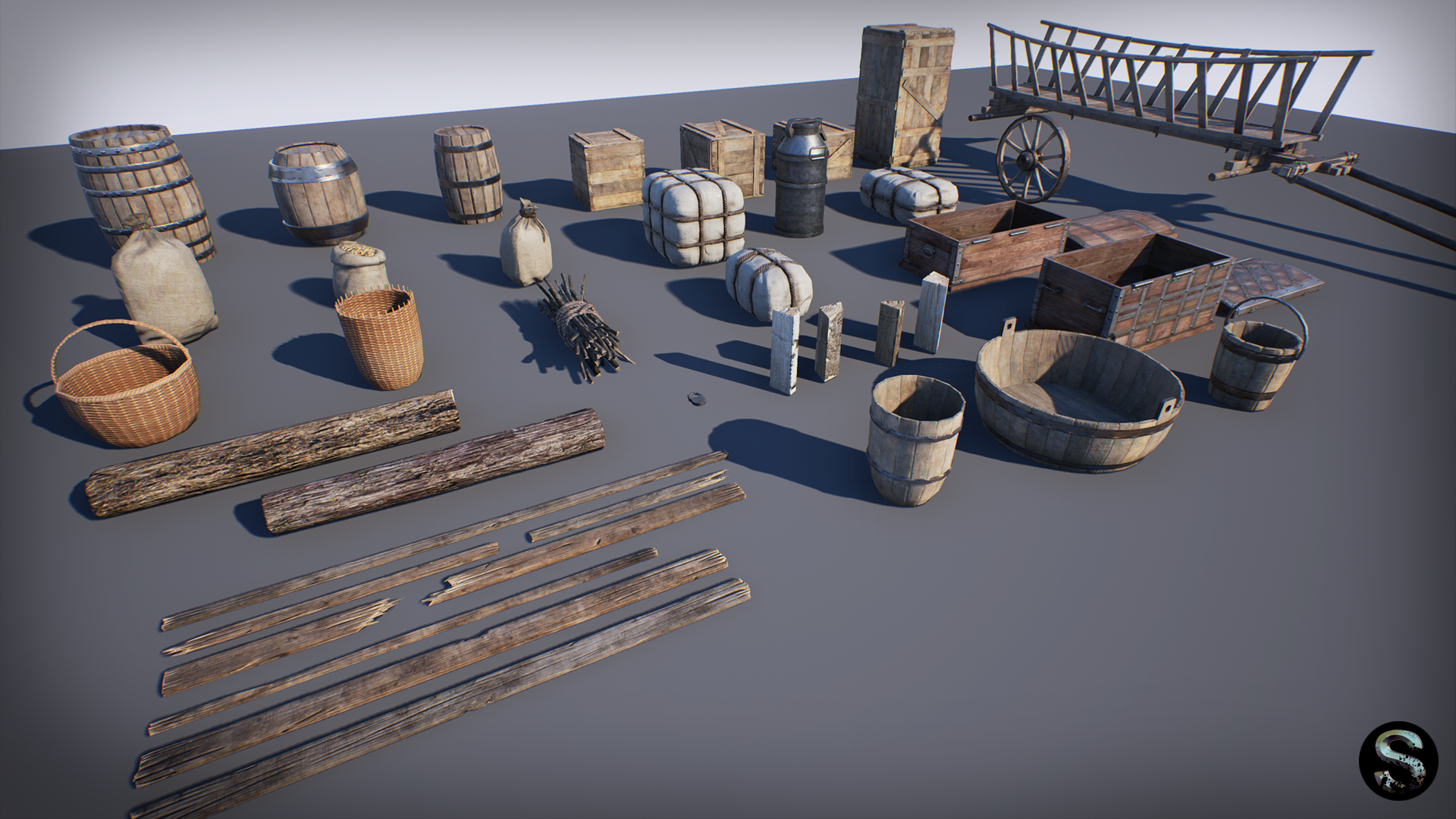 Medieval Props Pack 虚幻4 UE4 中世纪 道具包 麻袋 手推车 素材插图2